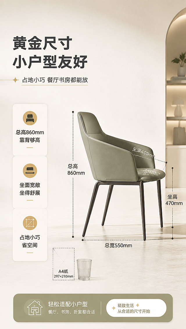 [商品] 使用【图1】DY-8801B 竹青绿高靠背餐椅；保留产品全部结构、比例与颜色；商品处理：保持产品原貌，增强质感。
[画面] 目标：空间尺度页，展示尺寸与小户型适配。左文右图构图，左侧约1/3文案区，右侧餐椅侧视角度，带清晰尺寸虚线引线标注。背景为浅米白空间感背景，地面有投影，旁边用一个人物剪影或日常物品（如A4纸、水杯）作比例参照，直观展示大小。标注总高860mm、坐面宽深等关键尺寸。
[视觉] 套系策略：风格=现代轻奢明亮家居风；标题字=现代无衬线粗体（思源黑体Heavy）；正文字=简洁无衬线体（思源黑体Regular）；主色=竹青绿（浅灰绿）+ 奶白色；背景延展=基于奶白+浅米做同色系渐变、细腻纸感/石材质感，深浅层级；强调色=浅香槟金，仅用于小面积图标、引线、标签和装饰线条；标题色=深炭灰；正文色=中暖灰；组件=圆角浅底信息卡、细线引线、胶囊形卖点框；光影=右前侧暖柔光，明亮通透，阴影柔和。
[文字] 左侧文案区：主标题「黄金尺寸 小户型友好」（10字），副标题「占地小巧 餐厅书房都能放」（12字），3个尺寸利益点：「总高860mm 靠背够高」「坐面宽敞 坐得舒展」「占地小巧 省空间」。右侧尺寸引线标注关键数值，单位mm。文字横排，数字清晰可读。
[规格] 淘宝/天猫详情页，单屏比例9:16竖版，分辨率4K，中文简体，移动端可读。避免变形、错字、文字过小、冷蓝/蓝灰背景、产品颜色改变、结构失真、极限词。
