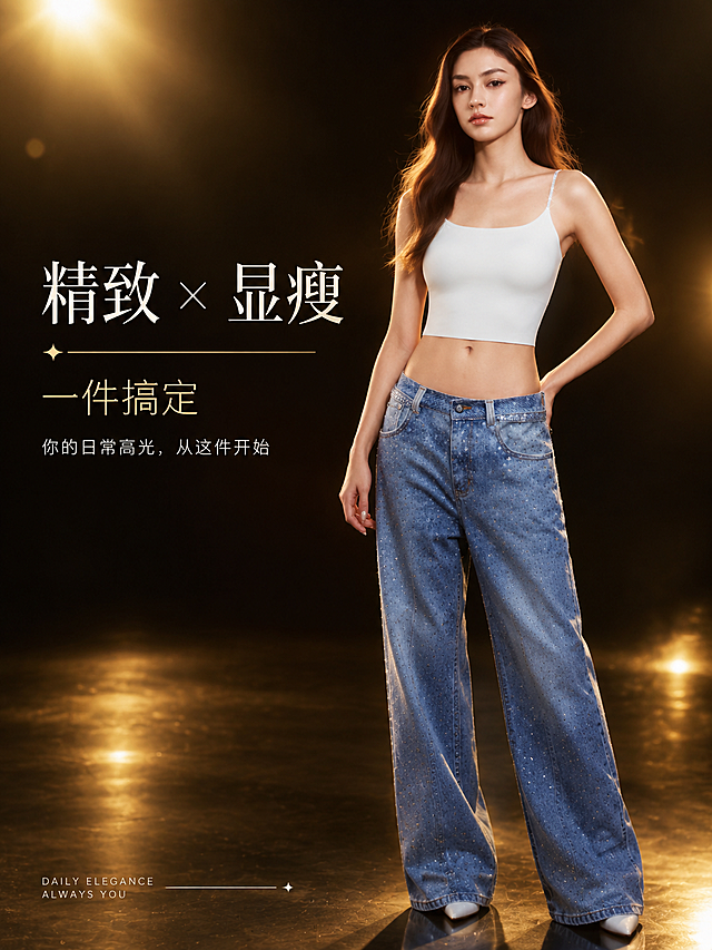 [商品] 使用【图3】奶白色闪钻肩带吊带模特图；商品处理：保留闪钻细肩带、一字领、短款露腰剪裁、奶白色面料颜色、模特身材比例、长发和牛仔裤穿搭；商业精修级优化：自然理顺发丝和肩带，增强闪钻肩带的真实钻面光泽和璀璨感，面料增强细腻丝滑质感，皮肤通透有光泽，不改变版型和人物比例。
[画面] 目标：杂志风结尾页，升华日常高光的精致体验。构图：模特全身站立于画面中央偏右，身体占画面约45%，左侧和上方大面积留白放文字；背景是深邃暗调影棚，左上方有暖金色聚光灯光晕打下，地面有柔和的光影反射，发丝和肩带有金色轮廓光。景别：全身，从头顶到脚踝。氛围：精致、自信、日常高光时刻。
[视觉] 套系策略：风格=高端时尚杂志大片/暗调聚光灯影；标题字=纤细优雅衬线体+英文无衬线混排；正文字=简洁无衬线体；主色=深邃黑+奶白+暖金；背景延展=深黑向深棕渐变的暗调影棚背景，有聚光灯光晕、朦胧光斑和地面反光；强调色=璀璨暖金，用于细金线和重点词；标题色=奶白色；正文色=浅米灰；组件=极细金线分隔、杂志式结尾装饰线、留白切割；光影=侧前方聚光灯主光+轮廓逆光，人物边缘有金色发丝光，闪钻肩带璀璨高光，电影级暗调影调。
[文字] 左侧留白处左对齐：主标题「精致 × 显瘦」，下方细金线+副标题「一件搞定」，再下方小字「你的日常高光，从这件开始」；底部有杂志式结尾细装饰线。文字不遮挡模特脸部和闪钻肩带。
[规格] 图片比例3:4竖版，4K分辨率，负向提示：避免变形、错字、文字过小、低俗暴露、钢圈、厚杯、冷蓝背景、颜色改变、版型失真、水印、平台Logo、平光、塑料感。