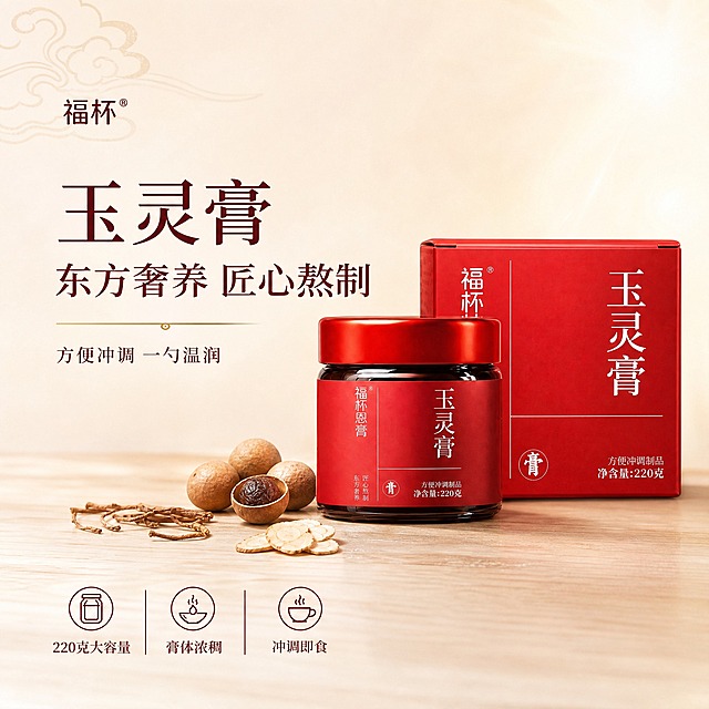 [单张主图] 福杯玉灵膏方便冲调制品 高级氛围感主图 千川1:1正方形 背景调亮 目标：传递中式高端滋补膏滋的品质感与东方奢养调性，背景明亮通透不暗沉。

[画面主体] 产品包含两部分：前方是深红色玻璃膏滋瓶，配亮红色金属旋盖，瓶身贴正红色标签，竖排写有"玉灵膏"大字，左侧竖排"福杯恩膏"，底部有"东方奢养 匠心熬制"与"方便冲调制品 净含量:220克"字样；后方是正红色方形纸盒，正面竖排"玉灵膏"大字，底部有圆形"膏"字印章与"方便冲调制品 净含量:220克"。两瓶/盒外观、颜色、结构、Logo、文字排版必须与输入产品图完全一致，不得变形、错字或重绘标签。产品组合居中偏右放置，玻璃瓶在前略低，纸盒在后略高，形成前后错落层次感，整体占画面约55%，底部有柔和接触阴影，不悬浮。

[构图版式] 采用「左文右物场景型」高级氛围感版式。左侧约40%区域留白放置主标题与短卖点；右侧产品组合立体摆放，占55%；底部约15%区域放置3个轻量线稿图标卖点。整体信息层级克制：主标题 > 副文案 > 产品主体 > 底部图标卖点。

[场景元素] 背景为明亮的浅红色到米白色柔和渐变，右上角有暖白色光晕，整体通透明亮，不暗沉不压抑。产品放置在浅色哑光木质台面上，台面有细腻浅木纹质感，颜色为浅木色偏米白。产品周围点缀少量真实原料元素：几颗圆润的龙眼肉、一小片西洋参切片、几缕干桂圆丝，自然散落在产品左前方台面上，增加成分联想与真实感。左上角有细微的浅金色中式云纹暗纹装饰，若隐若现不抢主体。整体画面明亮温润，有轻微柔光感，营造雅致的东方美学氛围。

[文案版式] 所有文字清晰可读，不遮挡产品主体标签关键信息。主标题使用宋体风格细衬线字体，深酒红色，字号最大，分两行排列居左对齐：第一行"玉灵膏"，第二行"东方奢养 匠心熬制"。主标题下方有一条细细的金色横线装饰，横线下方是小号副文案，深棕红色："方便冲调 一勺温润"。底部横向排列3个细线图标+短句，深酒红色，从左到右："220克大容量"、"膏体浓稠"、"冲调即食"。左上角安全区有小号"福杯"品牌名，与产品包装字体一致，深酒红色。

[光影质感] 柔和自然光从左前方打来，玻璃瓶身有细腻的高光反射，红色金属盖有金属光泽质感，膏体透过玻璃呈现深褐色浓稠感，纸盒表面有哑光质感与轻微红色反光。产品底部有柔和自然的浅淡接触阴影，整体光影明亮温润有层次，商业摄影质感，无硬阴影无暗角。

[配色字体] 主色：正红、浅红（取自产品包装）；辅助色：米白、浅金、浅木棕；强调色：金色细线装饰。字体统一使用宋体风格细衬线字体，主标题字重中等偏粗，副文案与底部卖点字重轻，字号逐级递减形成优雅层级。

[输出要求] 比例1:1正方形，2K分辨率，文字清晰锐利，产品完整不裁切，标签文字清晰可辨，背景明亮通透不暗沉。

[负向提示] 禁止暗背景、深色背景、暗沉、暗角、变形、错字、糊字、伪Logo、主体遮挡、背景杂乱、低清晰度、错误结构、悬浮、穿模、多余手指、水印、平台Logo、二维码、绝对化用语、医疗功效宣称、疾病治疗暗示。