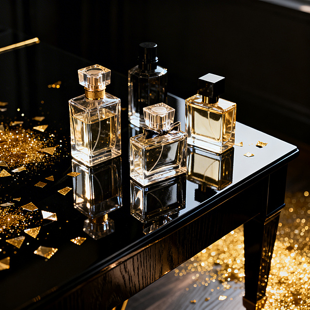 电商主图，2-3个透明玻璃香水瓶组合摆放在黑色钢琴烤漆木桌上，周围点缀金色细闪装饰碎片，强烈明暗对比光影，整体是奢华黑金风格，突出香水瓶高级感与精致感，画面没有任何文字，正方形构图。