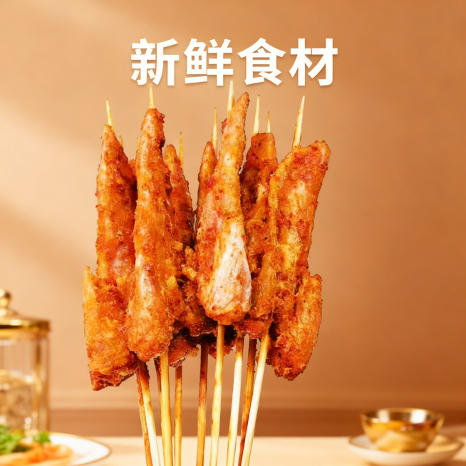 把这张小翅尖串图片放到淡棕色高级食欲场景中，添加文案"新鲜食材"，风格高级诱人，适配淘宝平台预览效果