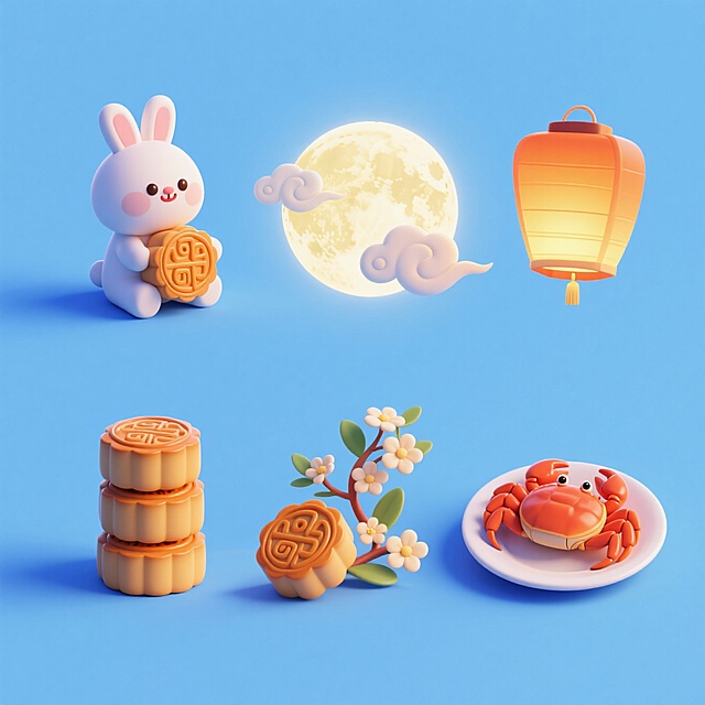 需要6个Q版中秋素材图标，可爱电商促销感。
第1个素材：月兔抱着月饼，坐姿；
第2个素材：月亮（前面有祥云）；
第3个素材：3个月饼堆放；
第4个素材：孔明灯；
第5个素材：桂花；
第6个素材：大闸蟹在盘子里。
画面整体呈现鲜艳效果，淡蓝色背景。上下两行，排列整齐