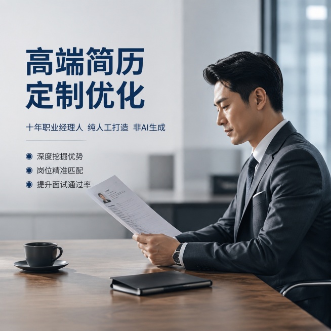 [主图-1] 高端个人简历定制服务信任首图
[氛围风格] 高端职场办公室场景，专业精英氛围感，简约商务风
[画质] 超高清商业摄影质感，光线真实自然，细节清晰
[元素] 画面右侧是一位穿着剪裁合体深灰预览效果
