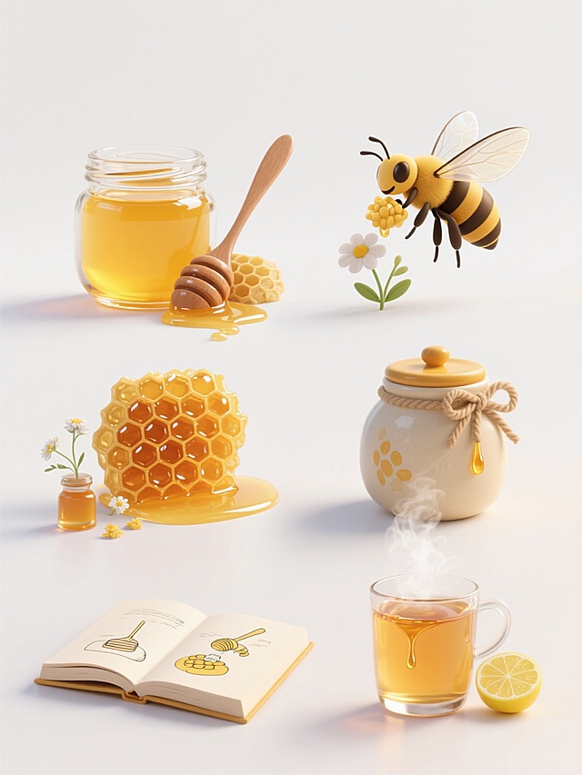 6个完全不同的蜂蜜元素系列素材集合，规整排布，包含：1. 玻璃罐中装满金黄色蜂蜜，木勺上滴落蜂蜜，旁边放着一块蜂巢；2. 一只卡通风格的蜜蜂，翅膀透明，正在花朵上采蜜；3. 一个陶瓷材质的蜜罐，罐身上有蜂蜜滴落的图案，罐口系着麻绳蝴蝶结；4. 一块完整的蜂巢，表面有晶莹的蜂蜜，旁边散落几颗野花；5. 一个打开的书本，书页上画着蜂蜜的制作过程插画，旁边放着一小瓶蜂蜜；6. 一杯冒着热气的蜂蜜水，杯壁上挂着蜂蜜，旁边放着柠檬片，所有元素均采用超写实主义风格，主色调为金黄色、琥珀色和透明色，光影运用突出物体的质感和立体感，蜂蜜具有光泽感和流动性，背景为纯白色，整体构图清晰，信息传达高效，符合食品类目宣传的设计感。