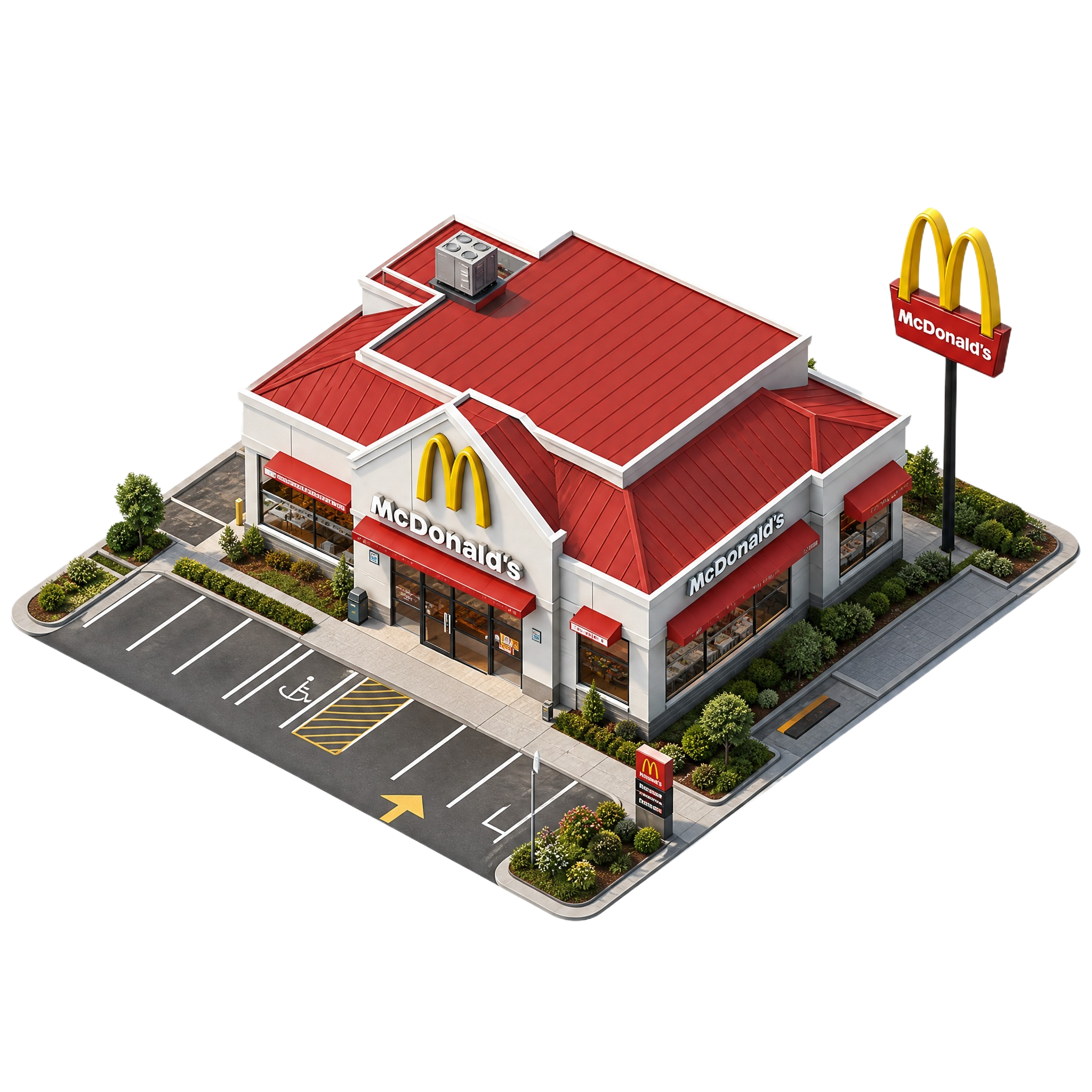 鸟瞰视角的麦当劳门店建筑，带有标志性金色M拱门标志和红色屋顶，… - 图片创意预览