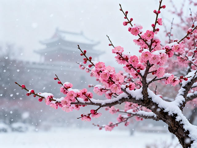 前景是一枝盛开的梅花，梅花花瓣呈粉红色，枝干上覆盖着薄薄的白雪，背景是远景的古建筑，若隐若现，带有朦胧感，整个场景是冬天下雪的景象，天空飘着细小的雪花，整体色调清冷而唯美