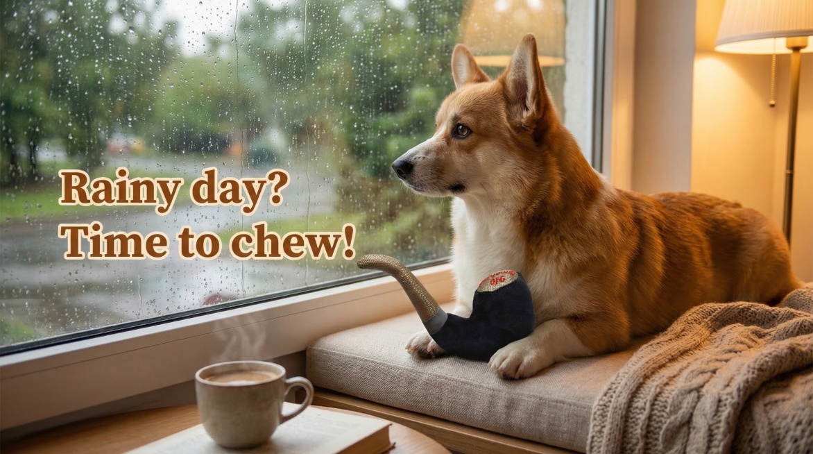 A cute corgi sitting by a windowsill on a rainy day, the pipe-shaped dog chew toy resting between it预览效果