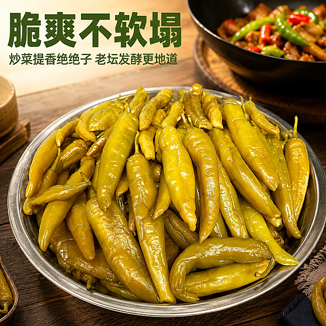 [主图-1] 老坛发酵腌辣椒产品首图。氛围风格：拼多多风格，大字直白，浓郁食欲感。画质：商业摄影质感，光线通透自然，产品清晰真实，画面干净高级。元素：原图中的腌黄辣椒居中展示，主体饱满油亮，背景为古朴木台面，搭配少许家常炒菜锅点缀，营造厨房炒菜提香氛围。保持腌辣椒外观（物理结构、材质质感、颜色）与输入产品图绝对一致，杜绝任何变形和色差，精细化处理。商品主体占比严格控制在60%-80%之间，画面满屏无边框。光影：自然暖光从侧面照射，突出辣椒油润光泽，通透不灰蒙，高光不溢，暗部有层次。配色：主色调为辣椒本身的暖黄绿色，辅色为深木色台面，暖调自然。视角构图：平视角度，主体为中心，景深中等，轮廓完整不裁切。文字版式：左上负空间左对齐留安全边距，大字主文案“脆爽不软塌”，加粗深绿色最大号无衬线字体；下方辅助文案“炒菜提香绝绝子 老坛发酵更地道”，字号缩小，同色系浅一点。比例分辨率：1:1比例，2048x2048像素，文字清晰锐利，超高清。负向提示词：变形，水印，文字错乱，产品图模糊，背景杂乱。