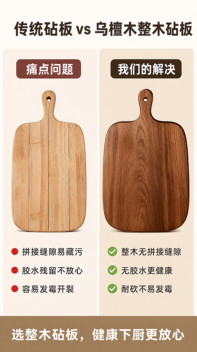 [第2屏] 乌檀木砧板痛点对比页。
[氛围/风格] 真实场景对比，简约清晰风格，商业摄影质感，对比鲜明。
[元素布局] 本屏使用图1作为商品主体，画面左右分为两栏，左栏展示传统拼接砧板痛点：有拼接缝隙、容易藏污发霉、胶水粘合，右栏展示我们的乌檀木砧板优点：100%整木无拼接、无胶水、耐砍防霉。保持乌檀木砧板结构、颜色、木纹与输入图一致，左右每栏各占50%空间，上方标题区域，中间对比展示区域，底部总结区域。
[光影质感] 左右区域光影均匀一致，突出产品差异，整体清晰明亮。
[配色色系] 全局底色：#F8F3EB；左栏痛点背景：#F5EAE0；右栏优势背景：#E8D9C4；文字颜色：#3C2A13深棕。
[视角构图] 两栏对比平铺，正面平视视角，主体产品居中展示，信息层级清晰，符合移动端浏览。
[文字版式] 顶部通栏标题“传统砧板 vs 乌檀木整木砧板”，深棕色粗体居中；左栏痛点标题“痛点问题”标注，三个痛点短文案“拼接缝隙易藏污、胶水残留不放心、容易发霉开裂”，每行一个配红色小圆点标记；右栏优势标题“我们的解决”标注，三个优势短文案“整木无拼接缝隙、无胶水更健康、耐砍不易发霉”，每行一个配绿色对勾标记；底部总结文案“选整木砧板，健康下厨更放心”，浅棕色底白字居中。文字不遮挡产品主体，清晰可读。
[比例分辨率] 9:16竖版比例，4K分辨率，文字清晰可辨，超高清。
[负向提示词] 砧板变形，颜色偏差，文字错乱，对比边界模糊，水印，背景杂乱，拼接错误，夸张恶心画面。