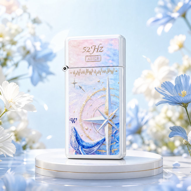 根据ZIPPO联名打火机产品原图，保留产品设计，更换为干净清爽适合电商主图的展示场景，保持产品清新蓝白粉的春日风格预览效果