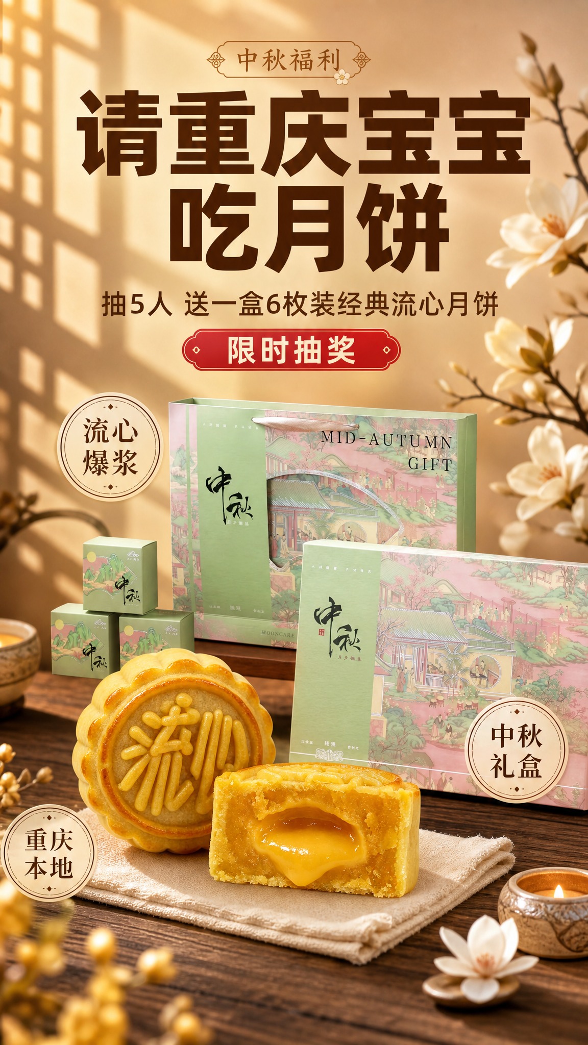 食品饮料促销海报，写实商业摄影风格，温馨暖调中秋氛围，整体温馨… - 图片创意预览