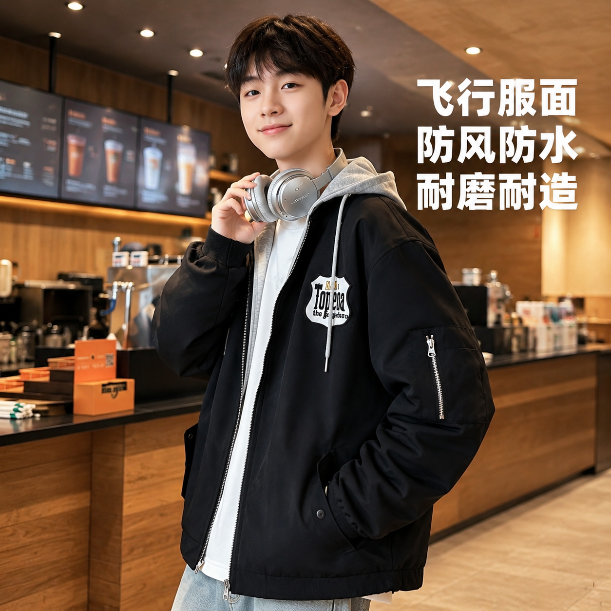 [主图-2] 主任务：45度侧面展示黑色飞行服面外套，突出假两… - 图片创意预览