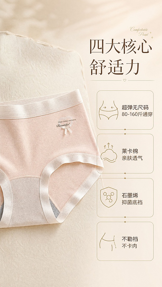 [商品] 使用【图1】浅粉色超弹莱卡棉内裤；商品处理：保留中腰三角版型、宽边腰头、爱心刺绣英文+小蝴蝶结、浅粉色面料、灰色底裆；自然去皱，增强面料纹理和腰头弹力质感，不改变版型结构。
[画面] 页面目标：核心卖点总览，4大核心价值一目了然。构图：左图右文竖版布局，左侧约45%区域放内裤正面平铺特写，右侧约55%区域放4个卖点图标卡片纵向排列；产品占画面约40%。景别：产品中景。前中后景：前景内裤主体置于浅米色哑光纸面、中景金色细线图标卡、后景柔焦米色渐变背景。阅读动线：从左产品到右卖点，自上而下。
[视觉] 套系策略：风格=高级温柔商业摄影风，浅米色系品牌感；标题字=纤细优雅宋体衬线体，字重中等偏细；正文字=简洁无衬线圆体；主色=浅米色（奶杏米白）；背景延展=基于浅米色做深浅层级渐变、细腻棉麻织物/哑光纸张质感；强调色=香槟金色，仅用于小面积装饰线、图标点缀、标题英文角标；标题色=深棕褐色；正文色=暖灰褐色；组件=细金线圆角信息卡、极细引线、柔焦光斑；光影=左前侧暖柔自然光，柔和漫射阴影，整体低对比度暖调。
[文字] 右上主标题「四大核心舒适力」，下方4个卖点图标+文字纵向排列：①超弹无尺码 80-160斤通穿 ②莱卡棉亲肤透气 ③石墨烯抑菌底裆 ④不勒裆不卡肉；每个卖点配金色小图标，文字全部横排，手机端清晰可读。
[规格] 图片比例9:16竖版，4K分辨率，负向提示：避免变形、错字、文字过小、冷蓝背景、内裤颜色改变、低俗擦边、白底孤立、水印。