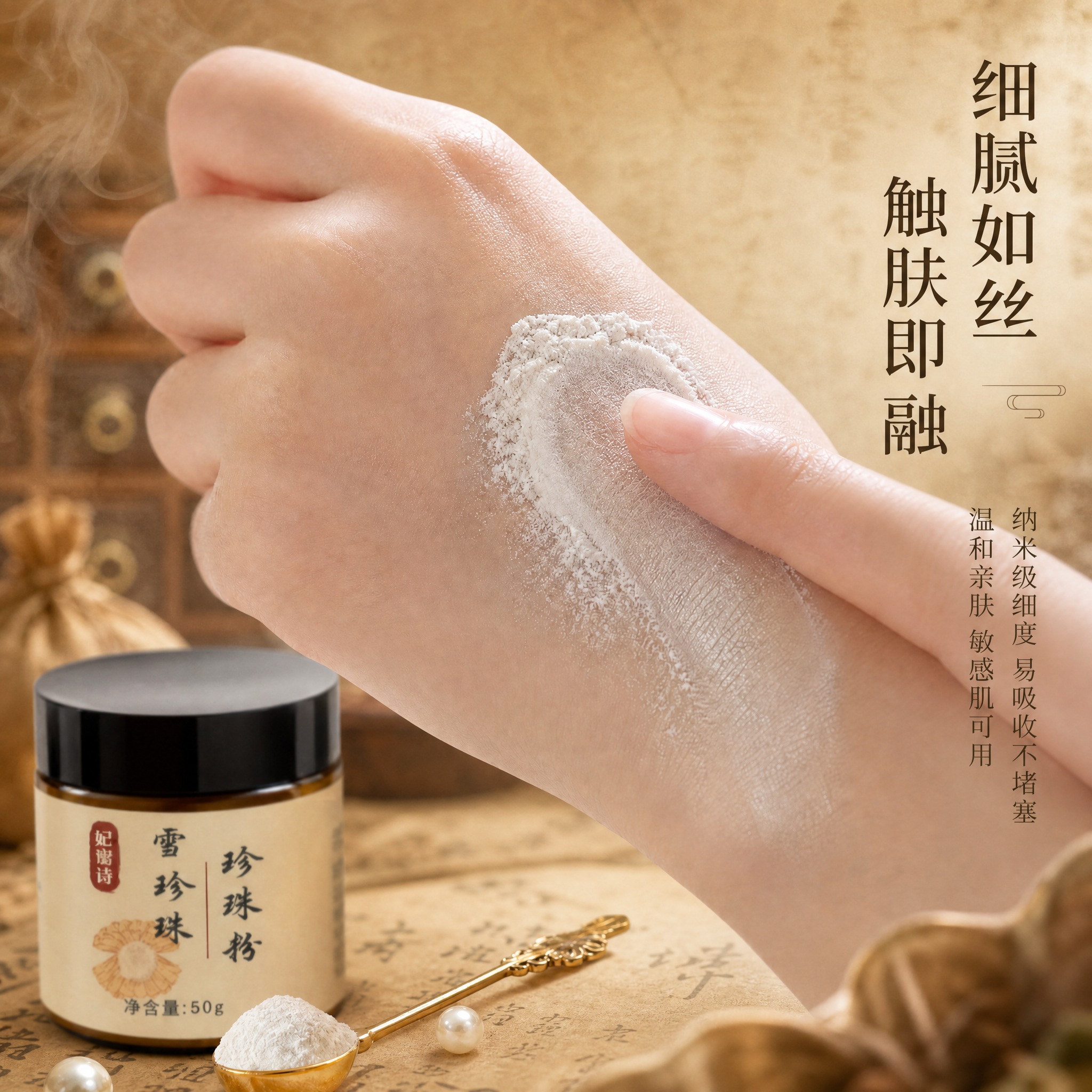 将这张珍珠粉质地展示主图的背景整体改为中药古风风格。保留手部、… - 图片创意预览