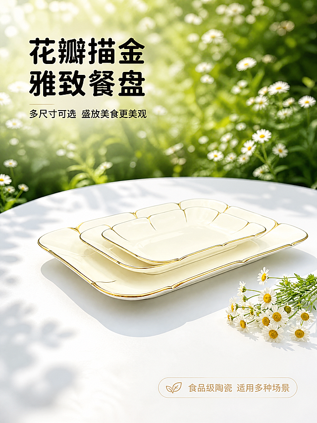 [第1屏] 详情页头图，奶白金边花瓣长方形陶瓷餐盘宣传海报。本屏使用【图1】展示三款不同尺寸餐盘叠放效果。
[氛围/风格] 清新自然风，春日户外氛围感，干净雅致，商业摄影质感。
[元素布局] 三款不同尺寸餐盘叠放在户外白色圆桌上，产品整体占据画面60%-70%主体位置。保持产品原有的奶白色陶瓷+金色描边+花瓣边缘造型与物理结构完全一致。背景是绿色植物和小雏菊，右侧摆放一束小雏菊装饰，整体层次清新自然。
[光影质感] 自然光从左侧照射，产品高光清晰，底部形成柔和投影，整体光线明亮通透，陶瓷釉面质感表现细腻。
[配色色系] 全局底色：白色桌面+绿色背景；主体配色：奶白陶瓷+金色描边；辅助色：绿色植物+白色小雏菊。
[视角构图] 45度斜侧视角，主体居中，左上角预留标题区域，底部保留信息条位置，景深适中，产品清晰突出。
[文字版式] 左上主标题 "花瓣描金 雅致餐盘"，加粗圆角黑体，黑色字；下方副标题 "多尺寸可选 盛放美食更美观"，字号约为标题一半。右下角添加浅金色信息条标注 "食品级陶瓷 适用多种场景"，文字清晰不遮挡产品主体。
[比例分辨率] 3:4 竖版比例，4K分辨率，文字清晰可辨。
[负向提示词] 餐盘变形，颜色偏差，结构错误，文字错乱，水印，背景杂乱，缺件错件