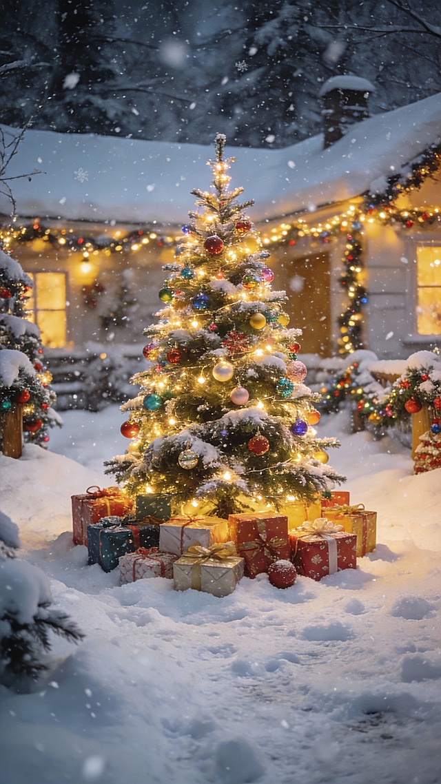 冬日雪景，空中飘着洁白的雪花，地面覆盖着厚厚的积雪，一棵精美的圣诞，周围点缀着装饰，树上挂满彩灯和彩球，树下堆放着包装精美的礼物盒，整体呈现浓厚的圣诞氛围，温暖的灯光照亮整个场景，营造出温馨欢乐的节日感觉