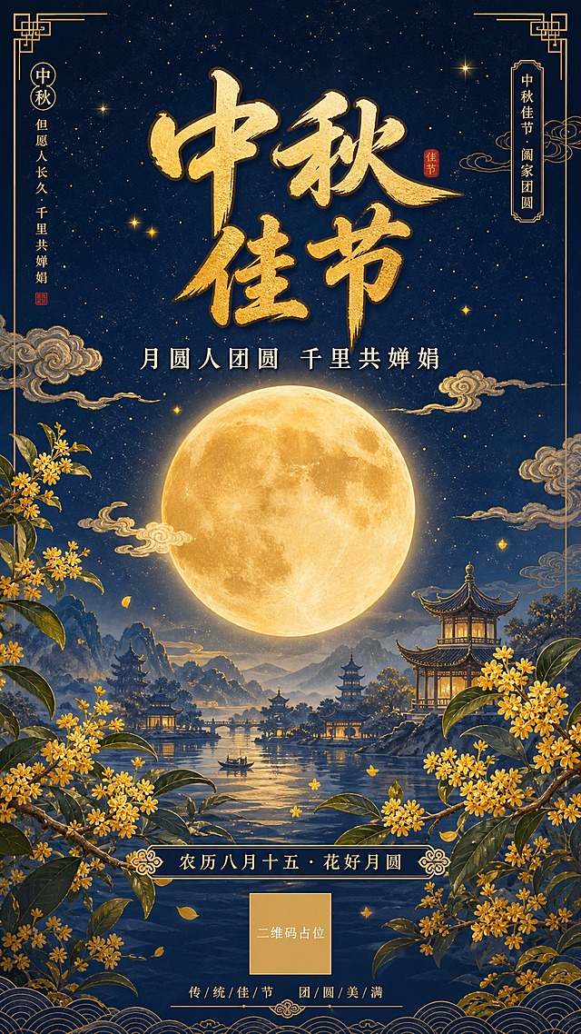 国风新中式工笔风格中秋节手机海报，竖版9:16。画面主体：一轮硕大的金色满月悬于深蓝色夜空中央，月光柔和洒下，周围点缀着淡淡的祥云与闪烁的星点。画面下方有几枝盛开的桂花枝条，花瓣金黄，从画面左右两侧向中间延伸，营造雅致氛围。远处隐约可见中式亭台楼阁的剪影，山水朦胧。配色以深蓝、金色、暖黄为主，传统雅致，氛围感强。文字排版：主标题"中秋佳节"四个大字位于画面上半部分居中位置，采用大气的书法字体，金色描边，醒目庄重。副标题"月圆人团圆 千里共婵娟"在主标题下方，字号稍小，白色或浅金色。画面底部有装饰文案"农历八月十五 · 花好月圆"，配以传统纹样装饰。整体版式精美，层次分明，四周留有安全边距。画面中所有信息区域必须填充完整合理的内容，不得出现空白框或待填写区域。画面中所有二维码区域使用纯色方块占位符呈现，方块中央标注"二维码占位"文字，严禁生成任何可识别的二维码图案。超高清画质，工笔细腻，意境悠远。