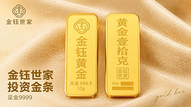 [主图-1]金钰投资金条首图，极简陈列氛围感首图，横版16:9。
[氛围风格]高端简约高级质感，突出黄金贵金属气质；
[画质]商业摄影质感、光线柔和通透、产品清晰真实、画面干净高级，微距细节清晰。
[元素]两根金钰投资金条居中平行摆放，产品保持原外观、字体设计、重量标识与输入产品图绝对一致，左上角替换为用户提供的金钰世家品牌logo，保持logo字形和配色不变，不遮挡金条主体，杜绝变形色差，精细化处理黄金质感。商品主体占比控制在65%左右，放置在浅香槟金哑光绒布背景上，绒布纹理细腻高级，没有多余杂物。商品主体占比严格控制在60%-80%之间，画面满屏无边框。
[光影]主光源为左侧柔光箱柔光，右侧窄条轮廓光勾勒金条侧边，突出黄金的温润金属光泽，明暗过渡自然，高光不溢出，暗部保留细节，无廉价高光和塑料感。
[配色]主色调为暖黄金色+浅香槟金，色系统一高级，突出黄金质感。
[视角构图]正前方平视拍摄，金条完整展示，景深适中，背景纯净突出主体。
[文字版式]左下角负空间左对齐留安全边距，大字主文案：金钰世家 投资金条，深金色粗体无衬线字体；下方小字辅助文案：足金9999，字体缩小一半，同色浅一点，文字清晰不遮挡产品。右下角加一个小写手写体英文gold bar装饰，字体纤细浅金色不抢主体。
[负向提示词]变形，文字错乱，产品图模糊，背景杂乱，水印，电商平台Logo，塑料感，色差，文字遮挡主体，logo变形