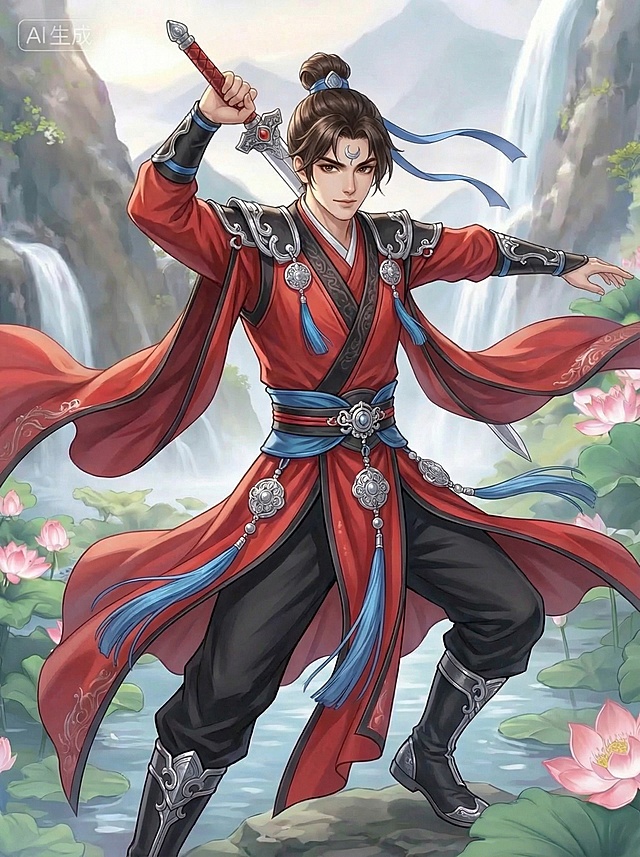 「图片1」类似画风的古装仙侠图，年轻男性，深棕色头发束成发髻配蓝色发带，额头饰银色月牙装饰，棕色眼眸，表情自信张扬。身着红黑为主的古风劲装，缀银色装饰与蓝色腰带，黑色裤装，黑色银边战靴。手持红色剑柄的刀高举过顶，服饰缀银色圆饰与蓝色流苏。