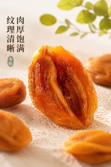[第3屏] 产品细节放大——肉厚饱满·纹理清晰剖面特写。本屏使用【图9】作为杏肉剖面主体（单颗居中），搭配【图5】白底散落杏肉作前景虚化层。[氛围/风格] 微距美食摄影，柔光打亮果肉胶质层，突出“本味预览效果
