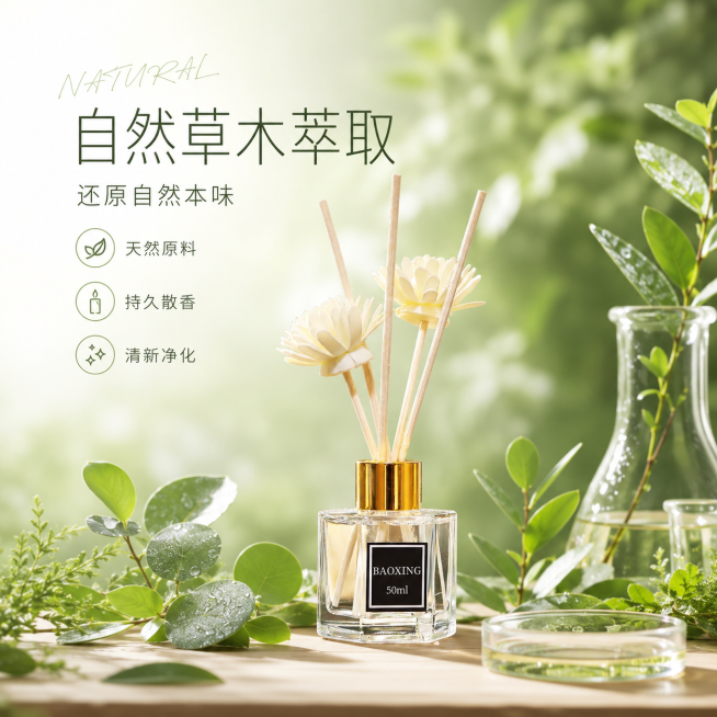 [单张主图] 无火香薰 原生成分型高级氛围感主图，突出天然草木萃取卖点。[画面主体] 香薰瓶保持原产品外观，透明方形玻璃瓶、金色瓶盖、两根干花扩香花和四根扩香杆，瓶身标签BAOXING 50ml，物理预览效果