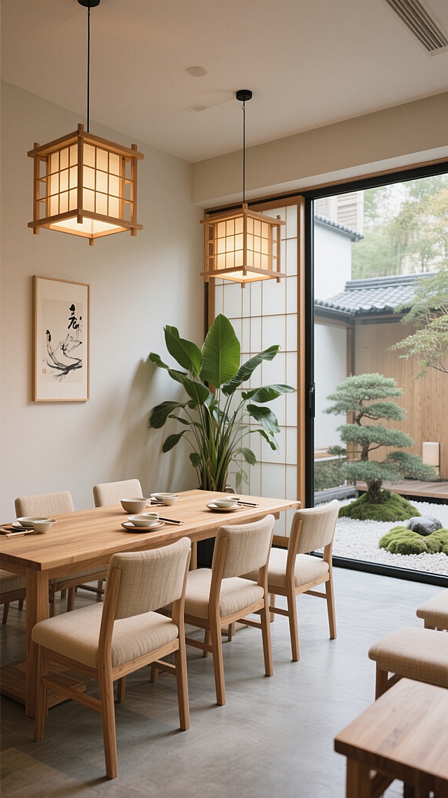 温馨明亮的日式禅意风格餐厅内部场景，原木色餐桌搭配米色布艺餐椅整齐排列，低矮的和纸灯笼与木质格栅吊灯柔和照明，浅灰色水泥地面干净整洁，大面积落地窗引入自然光线并可眺望日式枯山水庭院，墙面悬挂简约水墨挂画，角落摆放着大型绿植增添生机，整体空间呈现出宁静、雅致、自然的氛围，餐具摆放精致，营造出舒适放松的用餐环境。