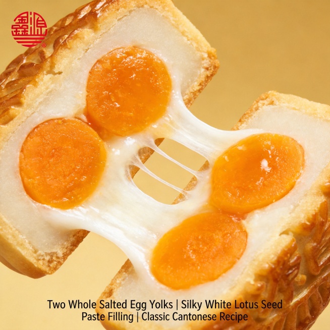 微距轻奢质感风，原料内馅卖点图，对半掰开双黄白莲蓉月饼，露出两颗完整整颗咸蛋黄和绵密白莲蓉内馅，特写馅料拉丝质感，新中式烘焙风格，添加文案：Two Whole Salted Egg Yolks | S预览效果
