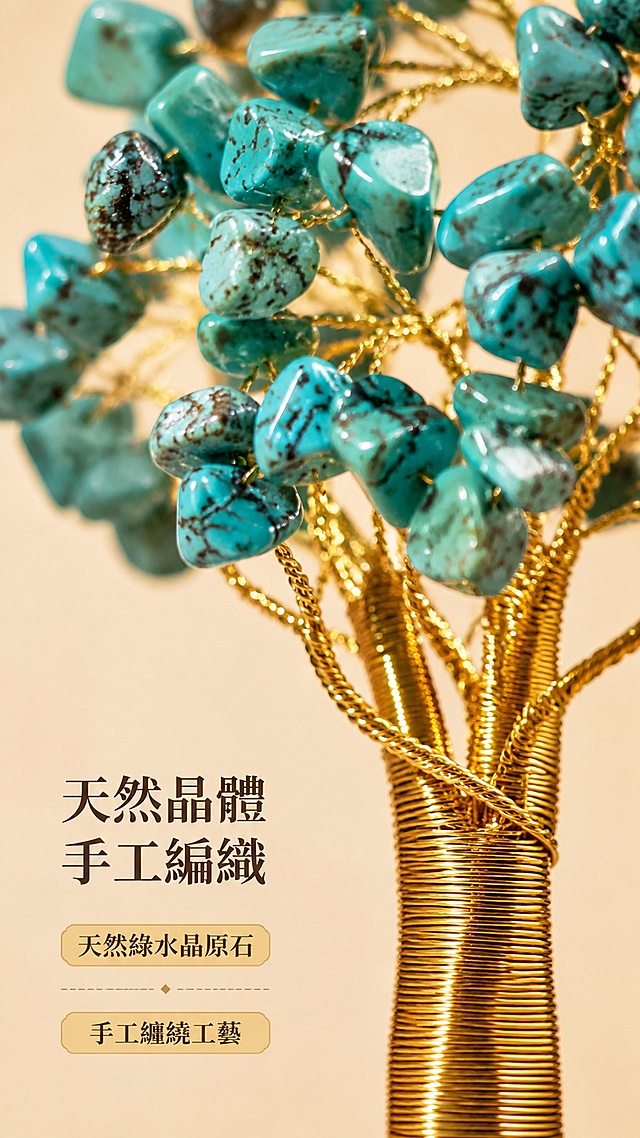 [第3屏] 細節展示-微距拍攝綠水晶碎石與手工工藝。本屏使用【圖1】提取局部細節生成。
[氛圍/風格] 質感微距寫實風，突出水晶晶體天然紋路與金屬手工編織質感。
[元素布局] 畫面上半部分展示綠水晶碎石的晶體切面，佔比約60%；下半部分展示金色金屬絲手工編織的樹幹工藝；保留材質真實質感與顏色；本屏重點突出材質細節，構圖飽滿。
[光影質感] 柔和側光，突出水晶晶面通透感與金屬絲紋理，立體感強。
[配色色系] 全局底色 #F1ECE4，主色：綠水晶藍綠色+金色，輔助色淺暖卡其。
[視角構圖] 微距特寫構圖，分層展示兩處核心細節，視覺重點清晰。
[文字版式] 左下角文字區，標題「天然晶體 手工編織」，下方兩個細菌標籤「天然綠水晶原石」「手工纏繞工藝」，繁體中文，清晰易讀。
[比例分辨率] 9:16 豎版比例，2K分辨率，文字清晰可辨，高清畫質。
[負向提示詞] 變形，水印，文字錯亂，文字過小，缺件錯件，結構錯誤，顏色偏差，產品圖模糊，背景雜亂。
