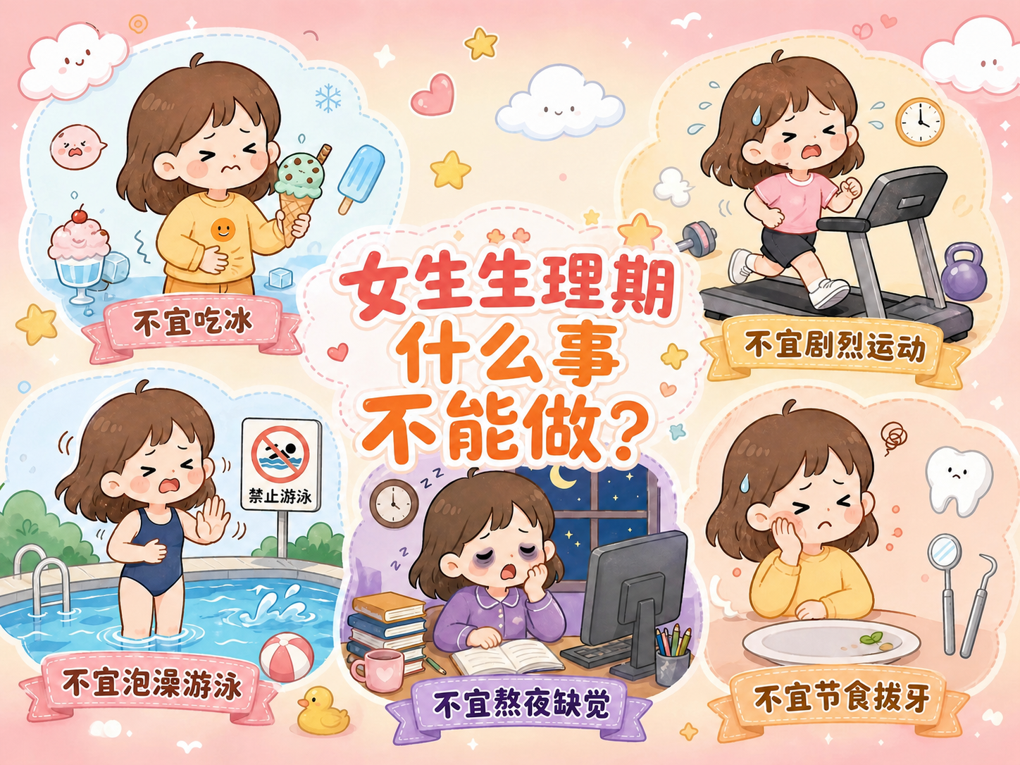 将画面中间的大标题文字改为"女生生理期什么事不能做？"，保持原… - 图片创意预览