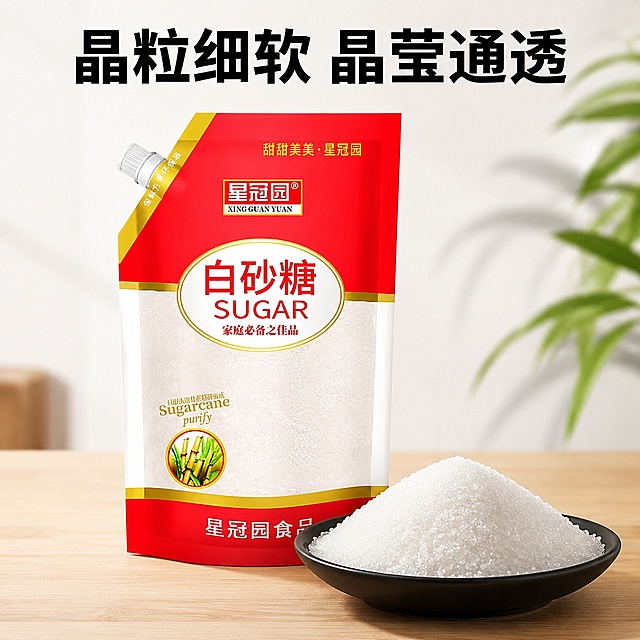 使用电商主图技能按照上面的风格生成5张比例1:1的电商主图，适配平台为淘宝/天猫，商品为「图片1」，商品卖点为白砂糖，真材实料正规标准工艺，口感清甜不腻