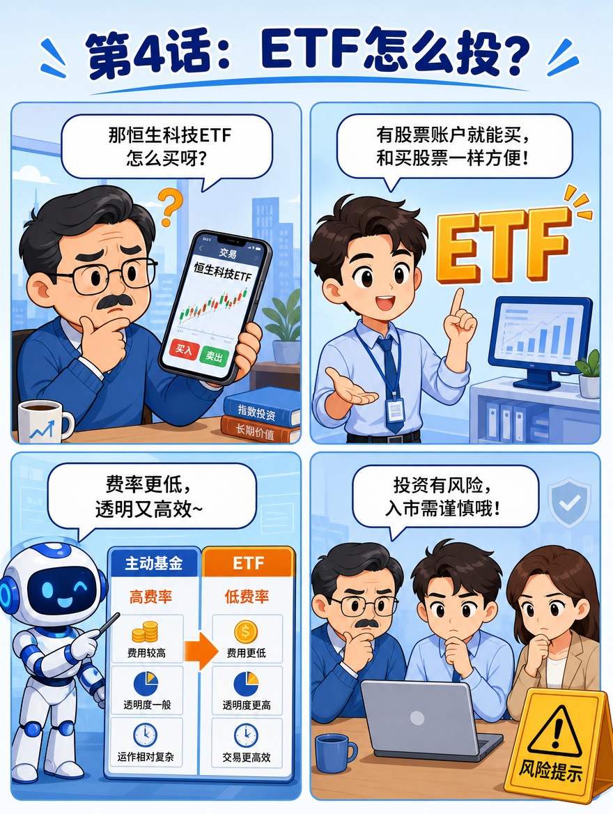 [商品] 无实物商品，为恒生科技ETF投资者教育内容，四宫格漫… - 图片创意预览