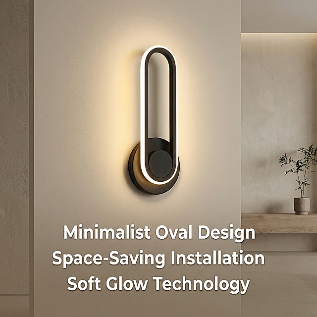 Modern minimalist oval wall lamp, product strictly follows the original image, highlight design features with English text: "Minimalist Oval Design" "Space-Saving Installation" "Soft Glow Technology", background is a minimalist living room wall, clean layout with clear information hierarchy, 800x800 pixels