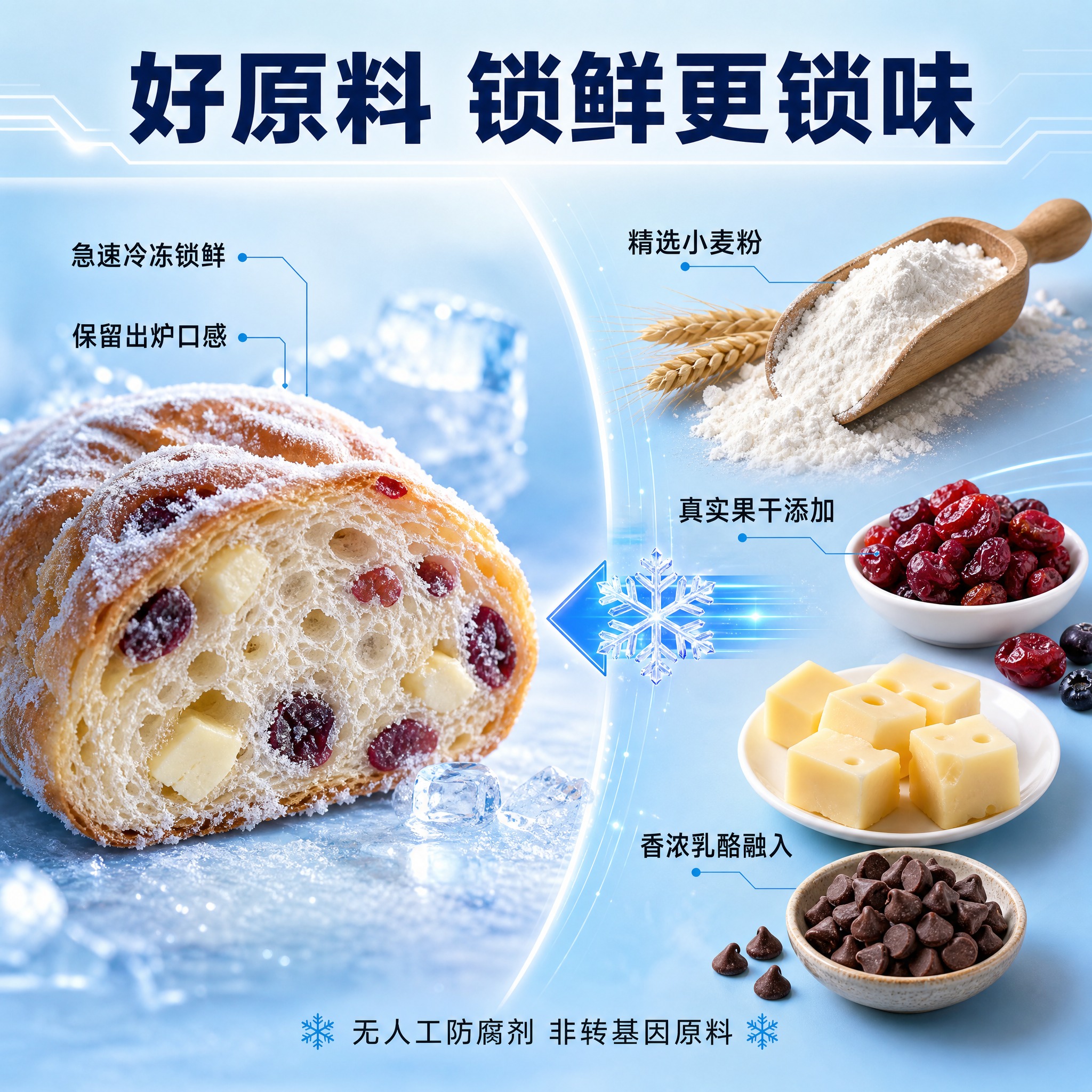 [主图-2 冷冻面包原料与锁鲜工艺] 主题：优质原料 急速锁鲜… - 图片创意预览