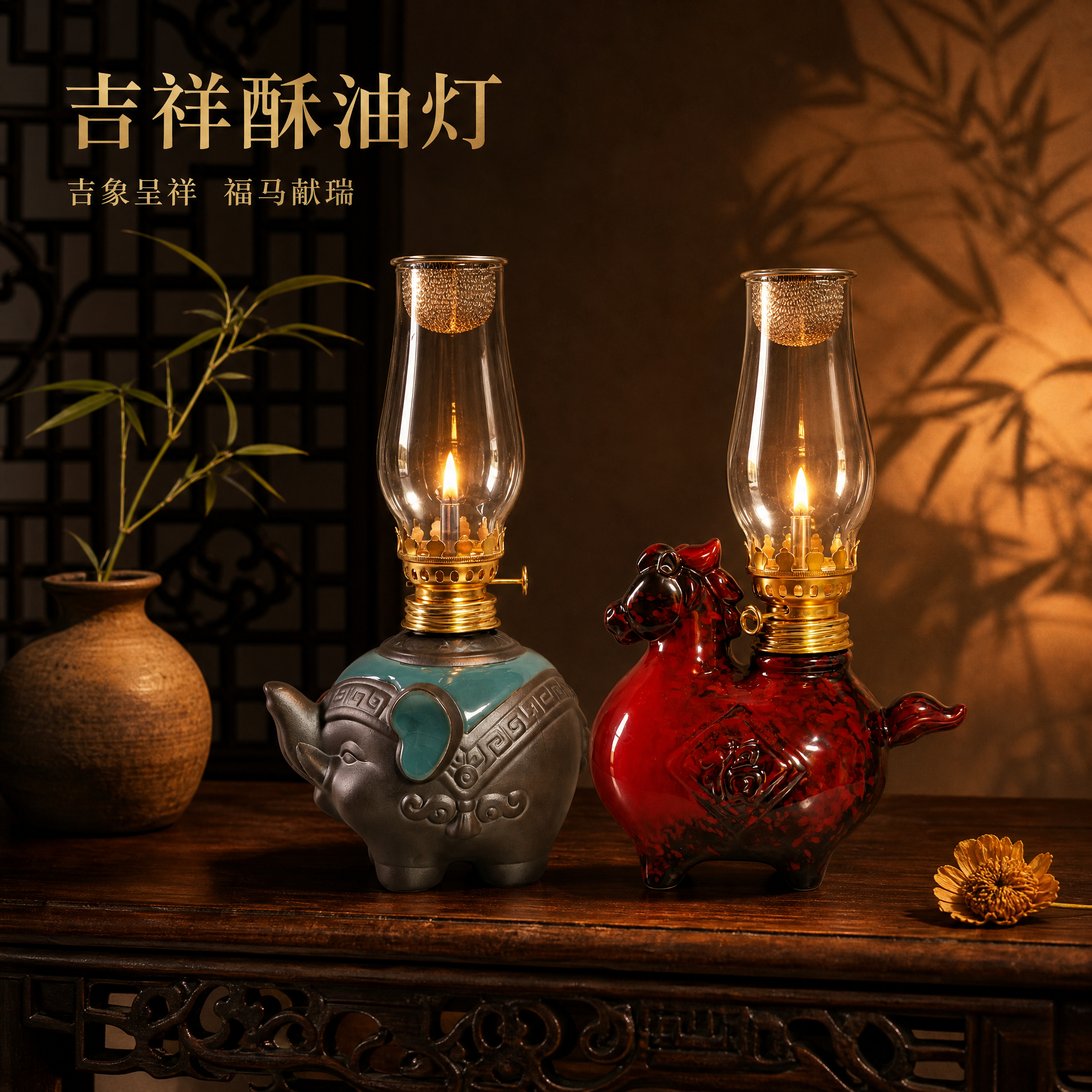 新中式暗调氛围摄影风格主图。画面中央深胡桃木案几上，吉象酥油灯… - 图片创意预览