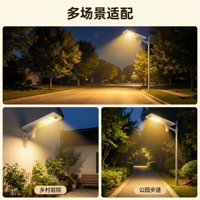 [主图 4] 太阳能路灯多场景适配展示拼图。[氛围风格] 真实场景展示，实用性突出，符合1688批发推广风格；[画质] 商业摄影质感、各个场景光影统一，画质清晰通透。[元素] 采用三格拼图展示太阳能路预览效果