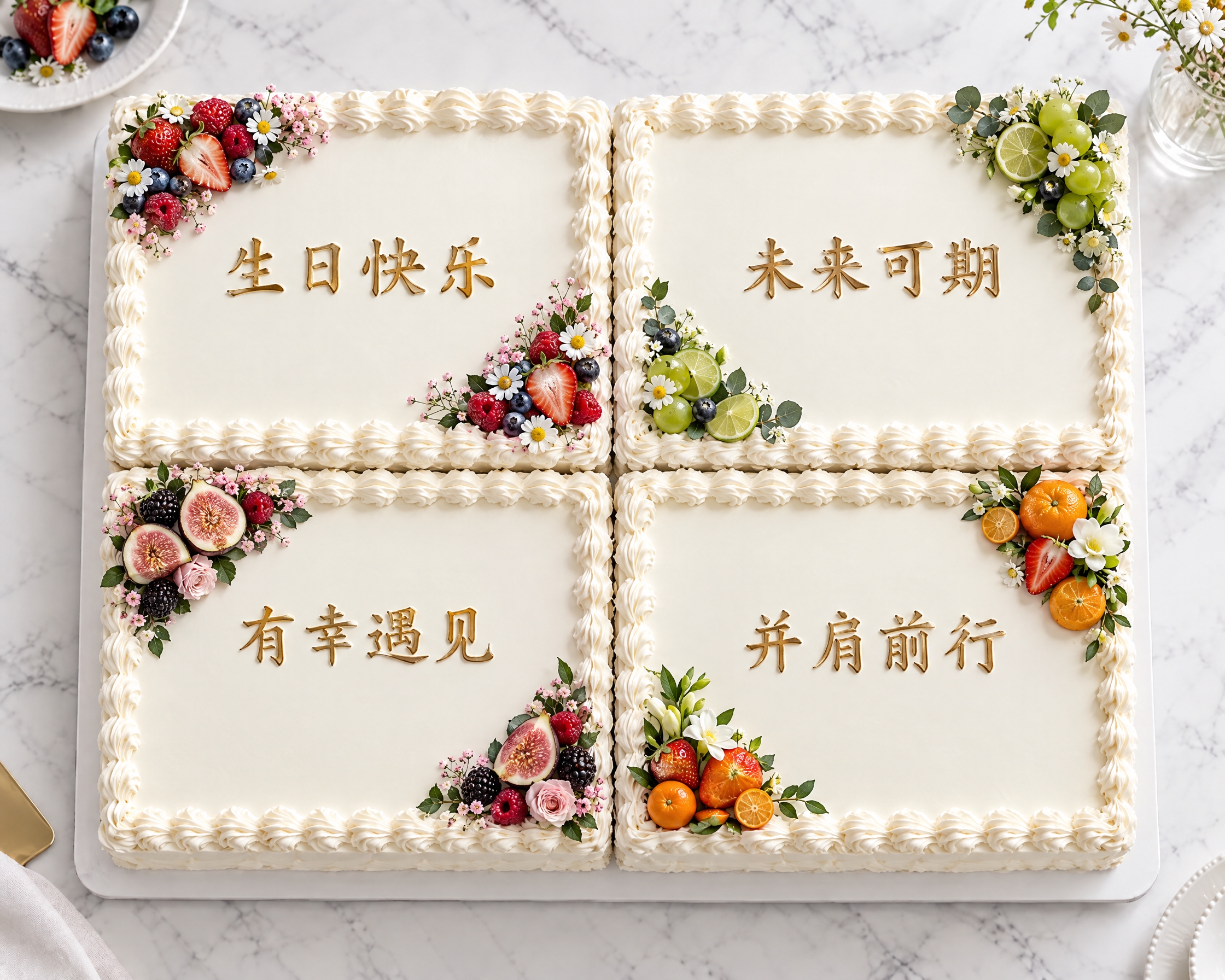 参考图中四块长方形蛋糕的排列和文字布局，调整为：四块全部都是纯… - 图片创意预览