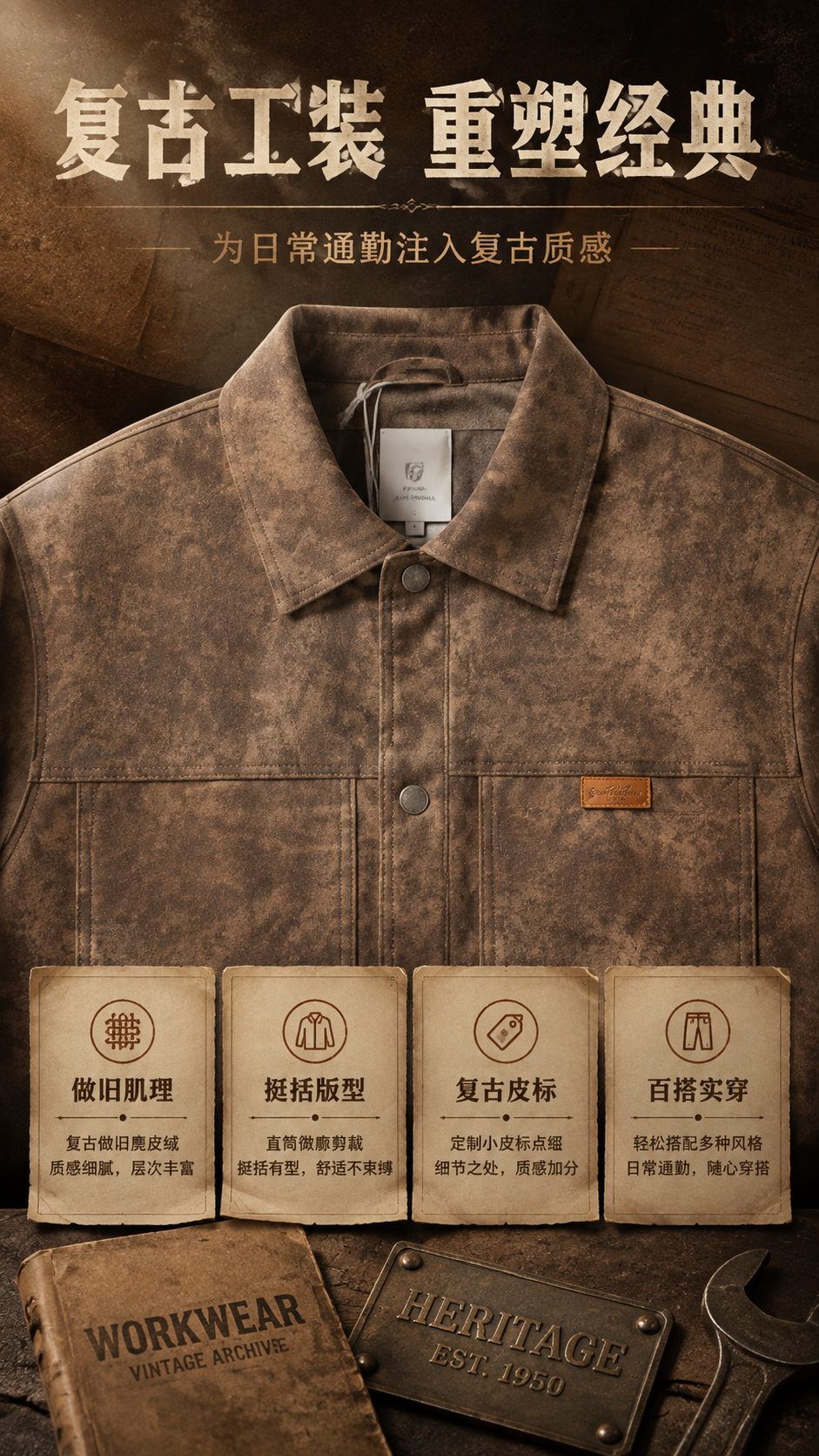 [商品] 使用【图1】咖啡色做旧麂皮绒翻领夹克；商品处理：保留… - 图片创意预览