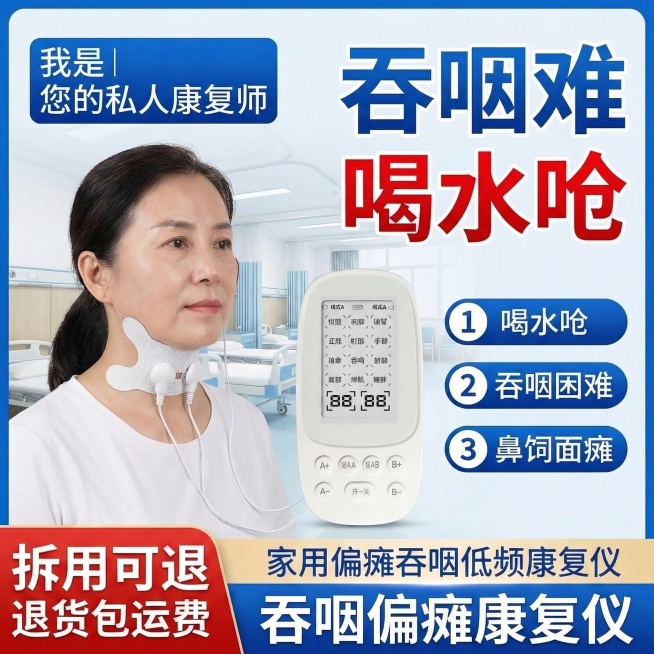 将图中模特的吞咽贴片替换为新的白色蝴蝶形网状吞咽电极贴，贴片带两个白色接头，清晰无遮挡，其余元素（产品、文字、场景、模特）保持不变，维持整体医疗风格和排版。预览效果