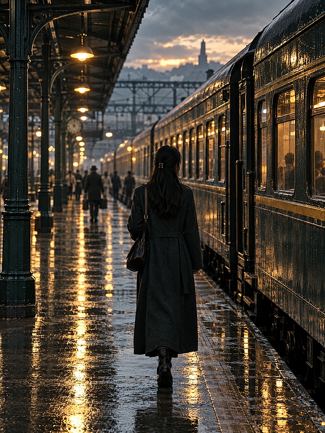 竖版电影静帧，3:4。雨后傍晚的旧式火车站月台：一列深色复古列车停在右侧，站台地面湿润并映着暖黄色灯光；一位身穿深色长外套的年轻东亚女性背对镜头，独自朝列车方向缓慢行走，远处有模糊旅客与钢铁站台结构。冷灰、墨绿、琥珀色调，怀旧、克制、电影感真实摄影。画面中无文字、无logo、无水印、无字幕。超高清2K画质，细节丰富。