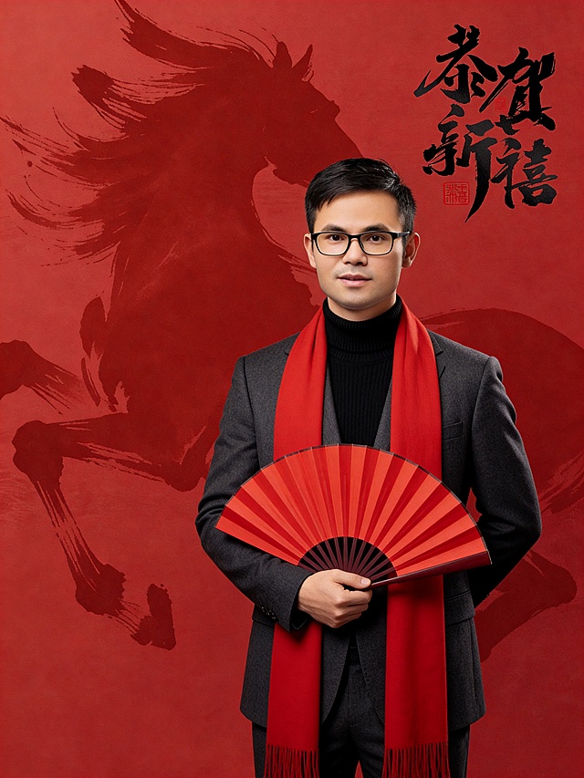 风格定位:鸿运马年国风写真｢恭贺新禧｣主题,融合折扇与设计感骏马背景,传递喜庆祥瑞的新年氛围;参考第一张图保留人物脸型､发型､年龄等特征生成新春主题职场形象,参考第二张图水墨风格红色背景樣式(水墨筆觸马纹理),右上角黑色手写狂野毛笔字｢恭贺新禧｣红色中式小印章点缀;标准焦段50mm,f/4光圈(f/2.8-f/4区间),平视视角(镜头与人物视线齐平,增强亲和力);人物占画面70%,中景(取景覆盖人物上半身+折扇,突出新年元素);光影与色彩:打光为柔光平光(正面均匀打光,柔化面部阴影),色温3500k(暖黄调,强化新年喜庆氛围),色调:高饱和正红(扇面)+黑色(扇面字)+黑色(扇骨)(色彩对比强烈,视觉聚焦人物);人物居中(居中构图),位于画面中心,人物手拿折扇为视觉聚焦点,入境范围头部及以下至腰部上方(半身像);左右留少量背景空间;头部与画面顶部保留5%空间;头部发型完整,头肩比例协调;外套:深灰色精纺羊毛西装套装,上衣为平驳领单粒扣宽松H型版型,袖口精准露出1cm内搭边缘;同色系深灰色西裤为直筒宽松版型,搭配暗哑枪色2cm窄版极简皮带;内搭:120支高密羊毛棉混纺黑色中领针织衫,哑光绒面质感,领口贴合颈部,无任何纹理/印花;佩戴:正红色围巾,轻披于西装领口自然垂落;动作:人物单手持红色折扇置于腹前(掌心托扇,手指轻捏扇骨,扇面清晰展示文字｡扇面微微颗粒感纸纹理手写隶书毛笔字｢马到成功｣,黑色扇骨)扇面朝向镜头(展示状);另一只手置于背后,气质儒雅;身体微正,姿态端庄(增强新年仪式感);表情:眼神明亮直视镜头,嘴角微微上扬(大气端庄,传递新年喜庆感);环境与构图:背景为红色底色;国潮风中式美学构图马纹理背景(潮流红色背景)(精致感设计感)+骏马图案(中式感设计感),氛围:新年喜庆滤镜(对比度+10,饱和度+15,锐度+5,突出围巾纹理与色彩鲜亮,保留皮肤通透感);画质参数:超高清分辨率,中度锐化(清晰呈现服装细节､折扇扇面纸纹理与背景骏马纹样),无噪点(红色背景纯净质感,背景马形状纹理清晰)大师级构图｡