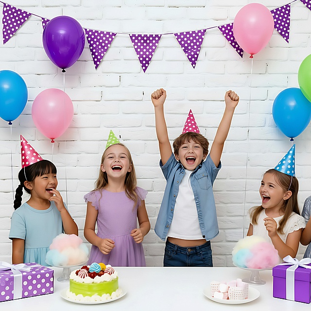 喜庆感十足的儿童生日派对，卡通风格与实景结合，轻拟物风装饰搭配拼贴元素，梦幻清新，充满欢乐氛围。