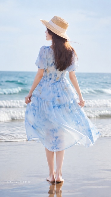 [第7屏] 补充角度模特展示-水彩蓝晕染碎花连衣裙背面展示。本屏使用【图6】作为展示主体。
[氛围/风格] 自然生活感，海滨场景，画报质感，姿态生动。
[元素布局] 模特背对镜头站立在沙滩上，展示连衣预览效果