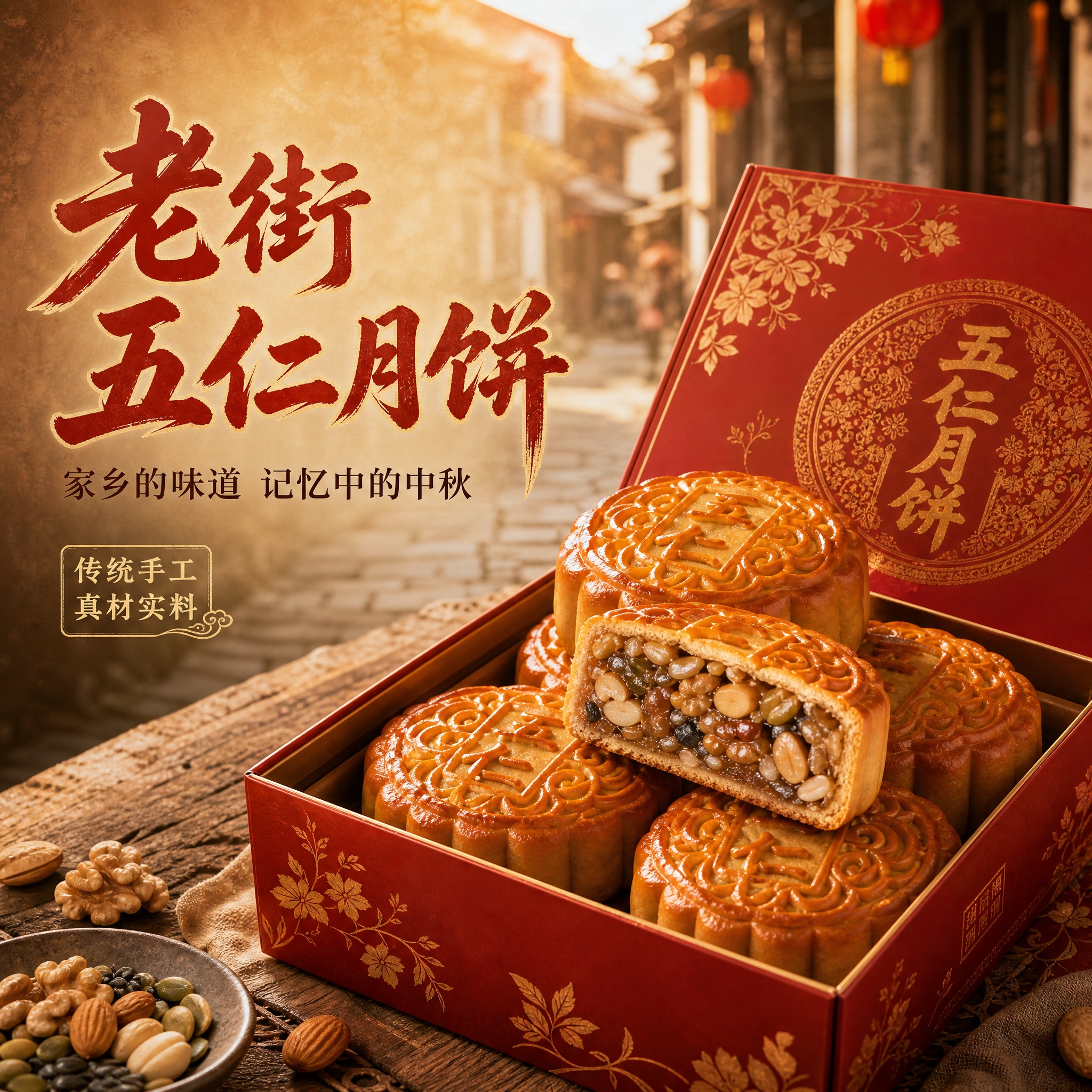 [主图-1] 老街五仁月饼首图，突出家乡味道与食欲诱惑。 [统… - 图片创意预览