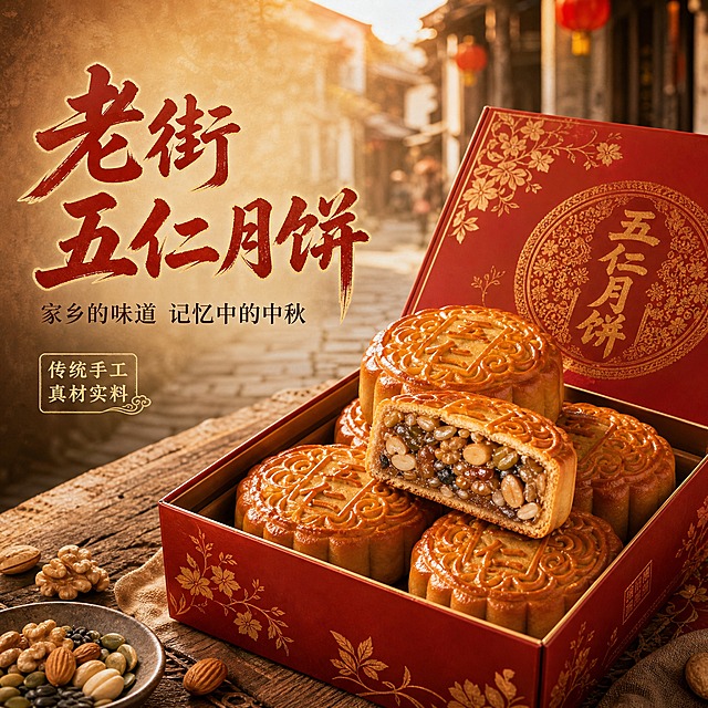 [主图-1] 老街五仁月饼首图，突出家乡味道与食欲诱惑。
[统一基调] 怀旧国风暖色调，深棕色+朱红色+米金色配色，粗笔刷书法标题字，细宋体辅助文案，整体温馨复古有质感。
[画面] 左文右图构图，右侧主体是一个精美的传统月饼礼盒，礼盒为朱红色配烫金花纹，盒盖半开，里面整齐摆放着几块金黄饱满的五仁月饼。其中一块月饼被切开，露出丰富的五仁馅料——核桃仁、杏仁、芝麻、瓜子仁、橄榄仁清晰可见，油润光泽诱人。礼盒放置在老旧的木质桌面上，背景是模糊的老街巷弄景象，青石板路和老式灯笼隐约可见。月饼表面有精致的花纹，色泽金黄油亮。主体占画面约65%。
[光影质感] 自然暖阳逆光，月饼表面有柔和的高光，馅料呈现油润通透感，整体温暖柔和，商业摄影质感。
[配色] 背景暖棕色渐变，标题朱红色，辅助文案深棕色，强调字米金色。
[文字版式] 左侧上方大字主标题"老街五仁月饼"，粗笔刷书法字体，朱红色带轻微金色描边；下方副标题"家乡的味道 记忆中的中秋"，细宋体，深棕色；再下方小字"传统手工 真材实料"，米金色小印章样式。文字不遮挡主体。
[输出要求] 1:1正方形，2048x2048，文字清晰可读，月饼细节清晰，禁止变形、错字、模糊、杂乱、水印、平台Logo。