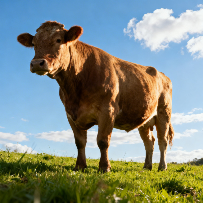 一头健壮的牛站在绿色的草地上，背景是蓝天白云，阳光明媚，自然写实风格，画面清晰生动预览效果