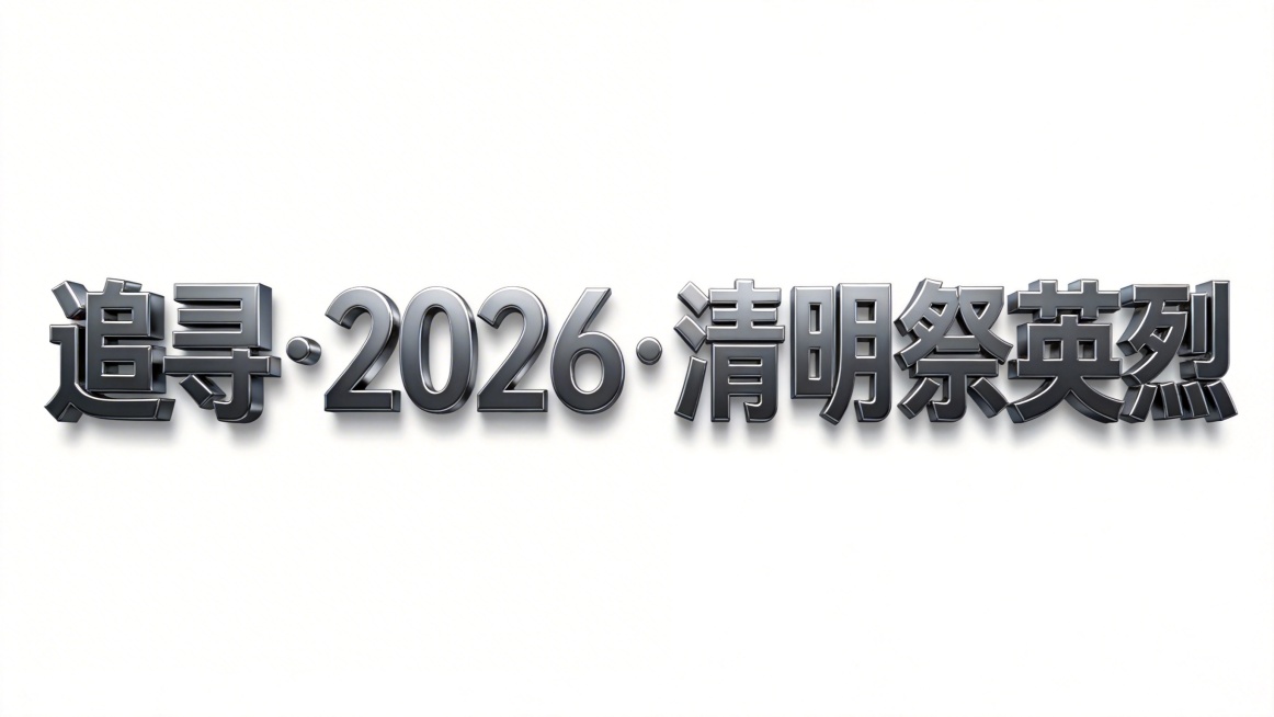 干净的纯黑色背景。3D艺术字体设计，七个字"追寻·2026·清明祭英烈"，所有文字单行横向排列（庄重大气的厚重无衬线字体风格，字形结构平衡，笔画加粗，整体排版紧凑，保持极高的可识别性）（哑光深银灰色主预览效果