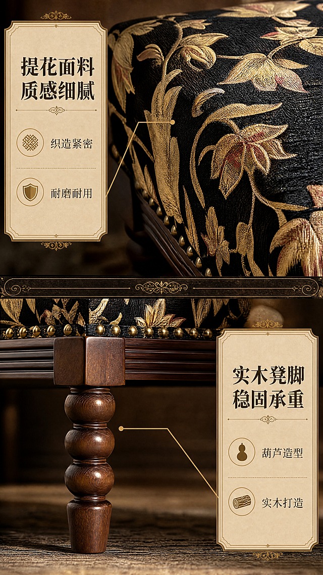 [商品] 使用【图1】美式古典布艺脚踏凳；商品处理：保留黑底金色提花面料图案、实木深棕色葫芦形凳脚、金色铆钉包边；重点展示面料纹理和凳脚木纹细节，增强材质质感，不改变产品结构和颜色。
[画面] 目标：材质工艺证明页，展示面料和实木品质。构图：上下分栏，上半部分为面料微距特写，下半部分为实木凳脚特写；面料特写展示提花织物的纹理层次和光泽，凳脚特写展示实木木纹和葫芦造型的工艺细节。中间用装饰分隔线区隔。
[视觉] 套系策略：风格=美式复古轻奢商业家居摄影；标题字=衬线粗体；正文字=简洁宋体；主色=深棕+黑金；背景延展=基于深棕和暖米色调做深浅层级、同色渐变和细腻木纹/织物质感；强调色=古铜金，仅用于小面积图标、引线和标签；标题色=深棕黑；正文色=暖灰棕；组件=复古金边信息卡、细线引线、装饰性花纹分隔线；光影=侧光突出材质纹理，柔和均匀。
[文字] 面料区标题"提花面料 质感细腻"，配2个卖点："织造紧密""耐磨耐用"；凳脚区标题"实木凳脚 稳固承重"，配2个卖点："葫芦造型""实木打造"；文字分别位于对应区域侧边，用引线指向细节部位。
[规格] 图片比例9:16竖版，4K，避免变形、错字、文字过小、冷蓝/蓝灰背景、产品颜色改变、材质失真、现代极简风格。