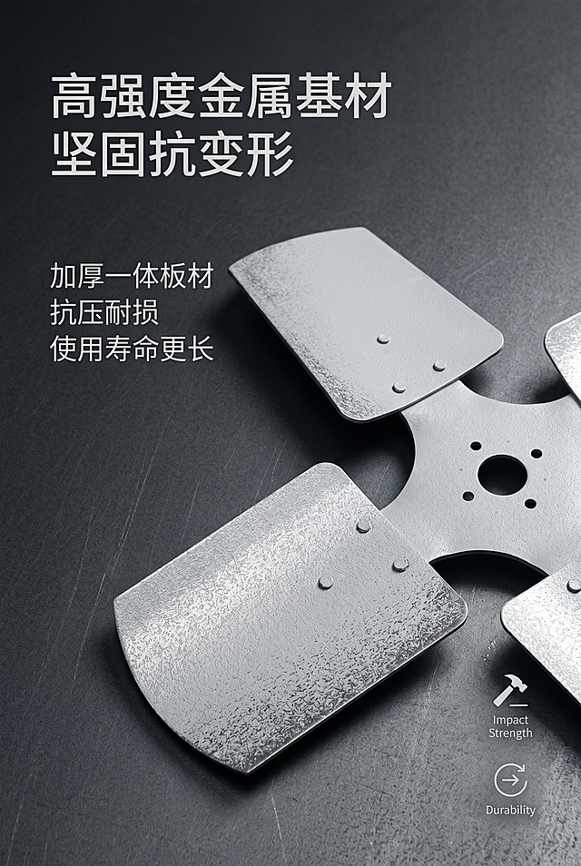 严格还原上传的产品图细节，去掉无关背景杂物，产品保持原有尺寸比例。深灰工业质感高清背景，画面聚焦风叶叶片材质特写，放大展示金属基材哑光肌理与厚实板材质感；主标题左对齐"高强度金属基材 坚固抗变形"，副标题左对齐"加厚一体板材 抗压耐损 使用寿命更长"；信息布局左上文字标题区、右下产品材质特写区，搭配简约材质属性标签小图标，采用不对称杂志排版，光影聚焦产品表面，突出金属材质厚实、坚固的核心卖点，视觉高级有层次，全程高级工业极简科技风、高清实景质感、浅灰+金属银主色调、轻奢杂志风排版、文字用无衬线字体