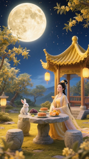 桂花林中有一座华丽中式凉亭，凉亭的瓦片是金色的，凉亭上挂着灯笼，凉亭里有石桌石椅，嫦娥坐在石椅上，嫦娥身姿轻盈曼妙，衣袂飘飘，玉兔也在石椅上，石桌上摆着一盒精致月饼和一些葡萄柚子，凉亭顶的后面是一轮巨预览效果
