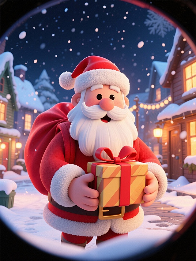 pov视角，广角鱼眼效果，带圆形暗角镜头感。圣诞老人背着红色包袱，双手捧着礼物盒，整张脸向鱼眼镜头贴近，向镜头内看。背景是雪夜小镇场景。